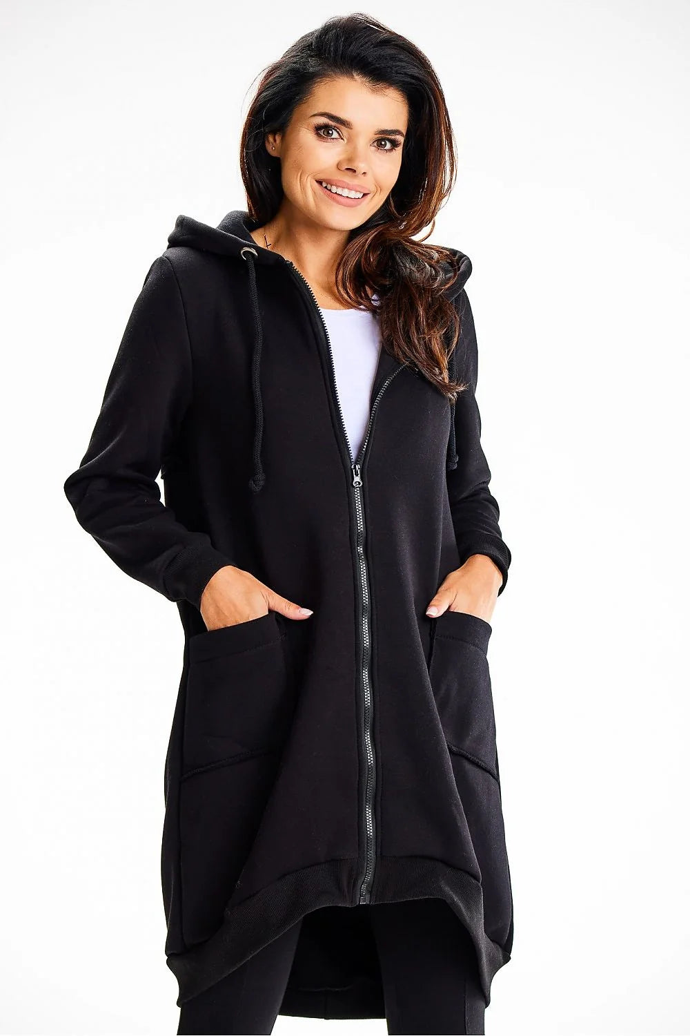 Sweatshirt long pour femme à capuche en coton noir coupe ample style moderne fonctionnalité urbaine