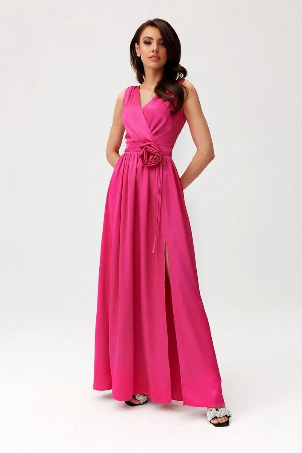 Robe de soirée élégante longue fuchsia sans manches en V décolleté dos nu floral femme