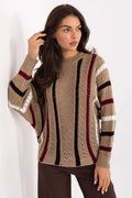 pull femme oversize maille tricotée ajourée acrylique chaud confortable col rond manches longues longueur hanches rayures verticales bordeaux