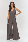 Combinaison femme élégante sans manches encolure V jambes larges style moderne matière légère couleur grise
