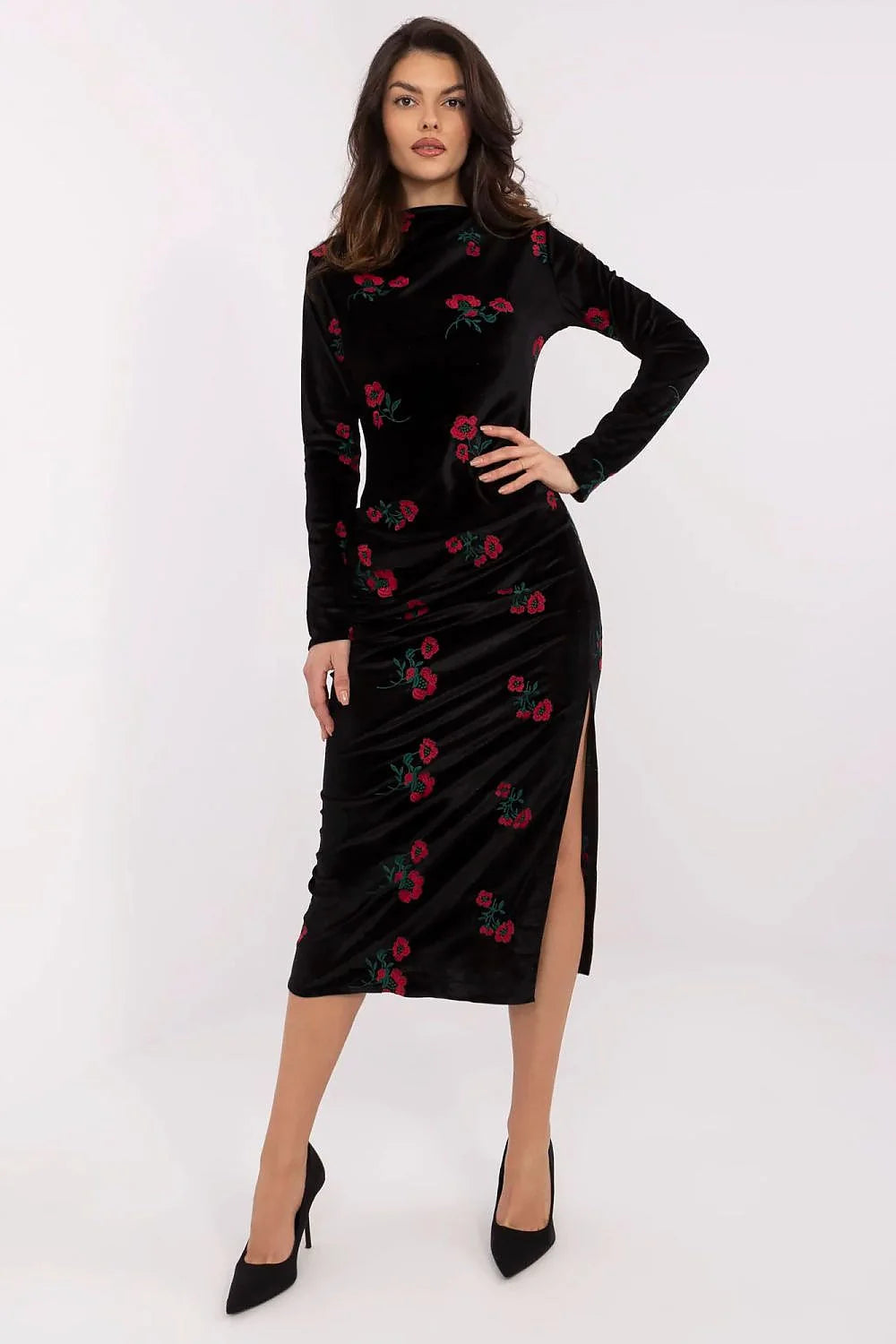 Robe de soirée élégante longue manches longues col rond motifs floraux velours noir femme
