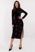 Robe de soirée élégante longue manches longues col rond motifs floraux velours noir femme