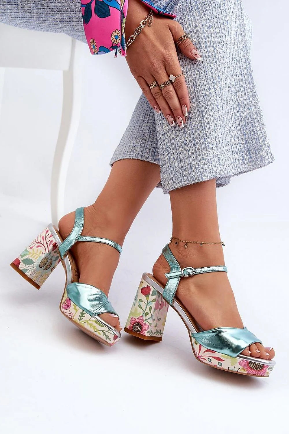 Sandales à talons block floral femme cuir artificiel bride ajustable confortable élégance été soirée mariage