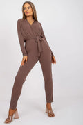 Combinaison Ex Moda moderne élégante manches longues en V ceinture tissu mélange polyester élasthanne couleur marron chocolat femme