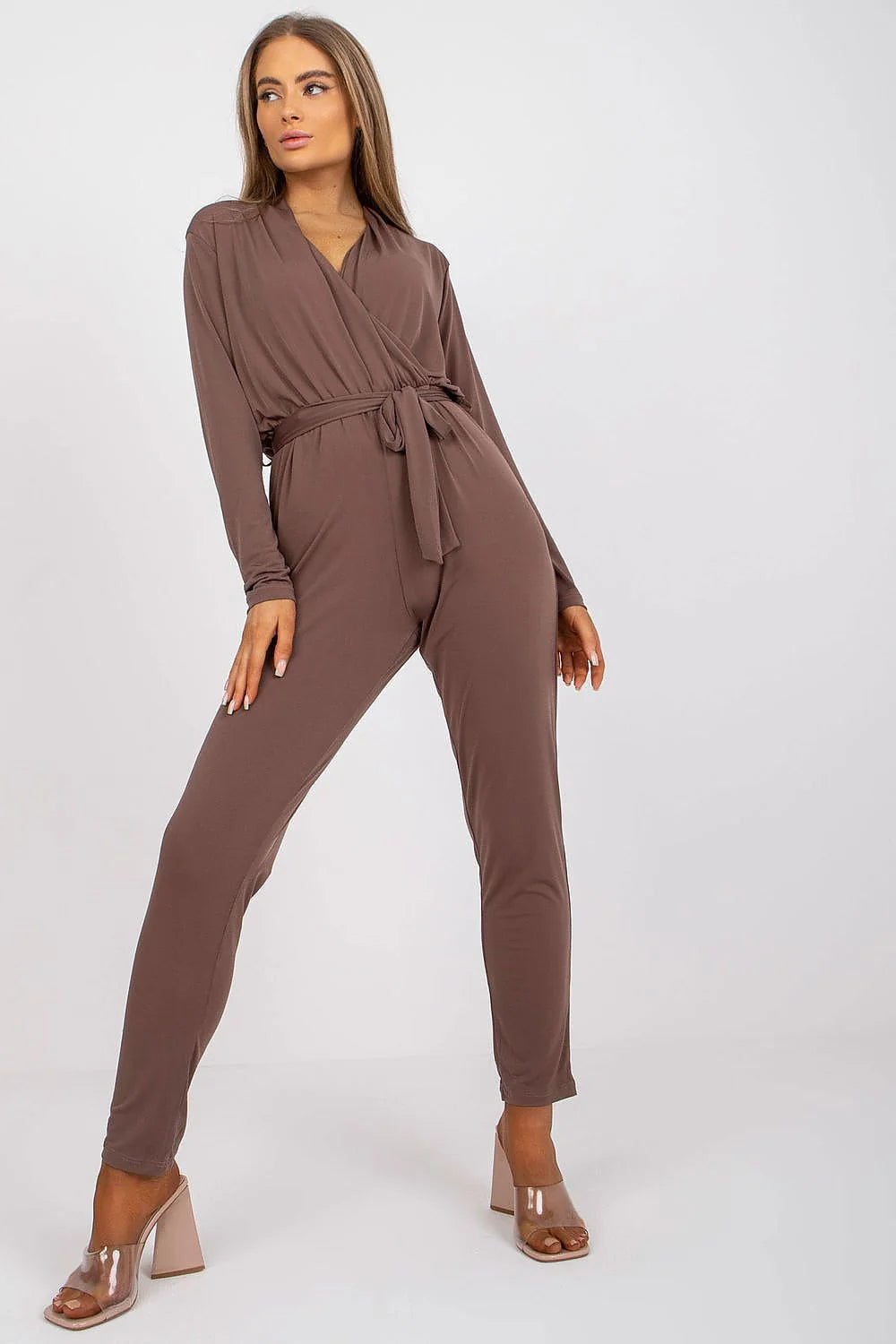 Combinaison Ex Moda moderne élégante manches longues en V ceinture tissu mélange polyester élasthanne couleur marron chocolat femme