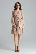 robe cocktail beige portefeuille mi longue manches longues fronces volants ceinture nouée taille marquée col V chiffon fluide élégante