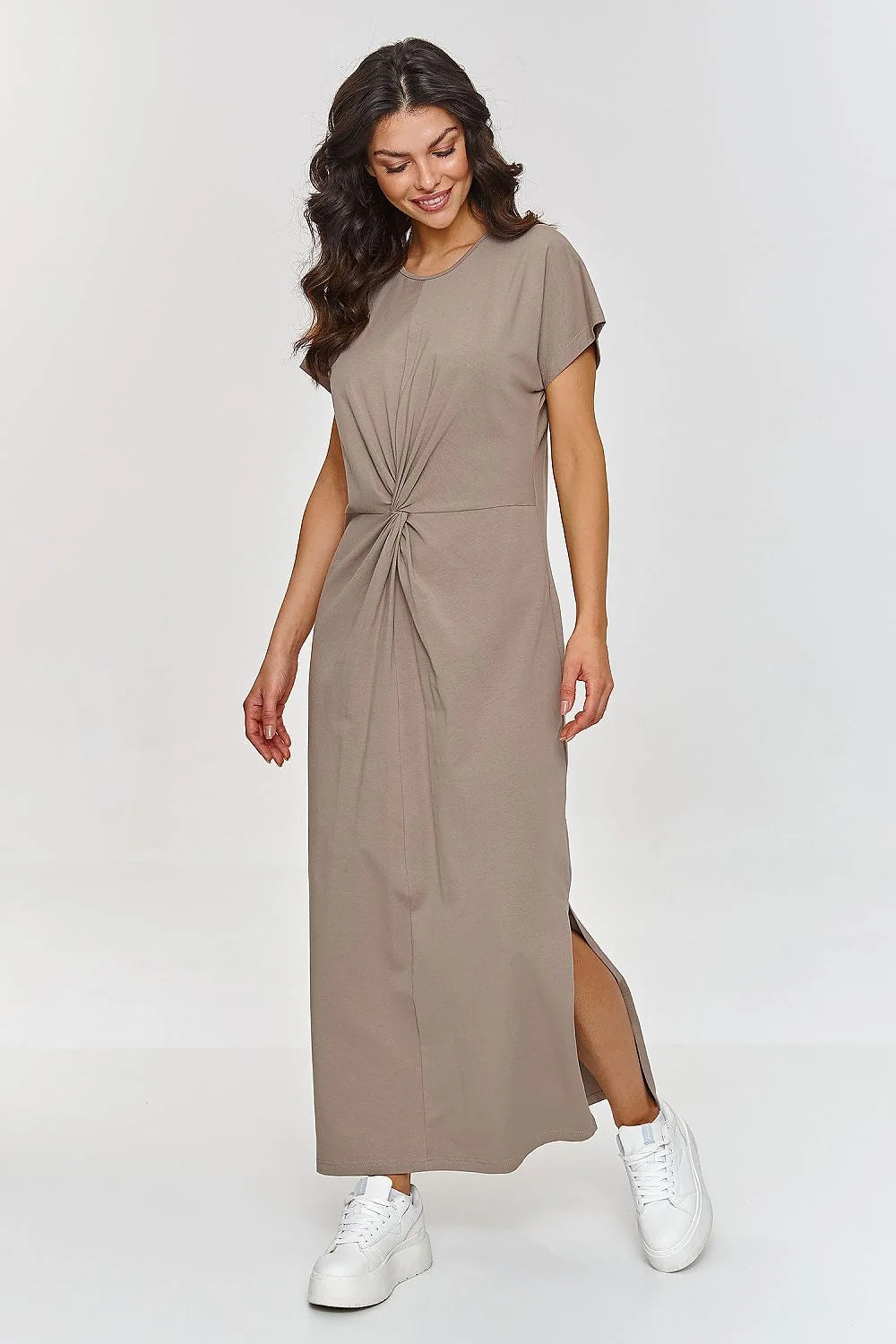 Robe de jour élégante longue taupe manches courtes nœud à la taille fente latérale femmes