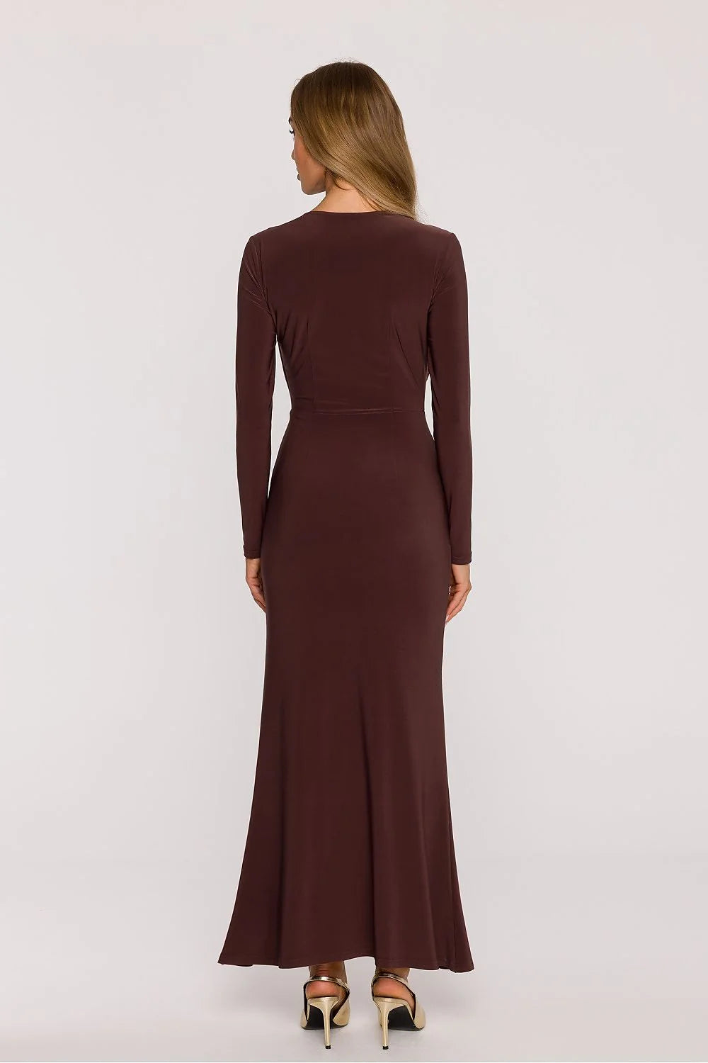 robe longue maxi soirée femme marron chocolat jersey extensible coupe ajustée manches longues encolure V foulard écharpe intégré
