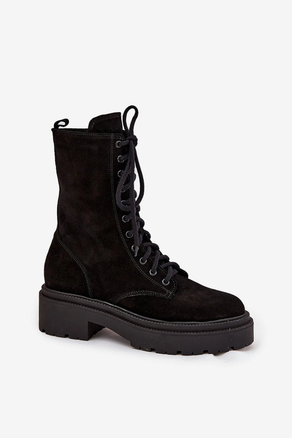 bottines montantes femme suède noir bout rond laçage fermeture éclair latérale plateforme crantée talon bloc épais doublure chaude