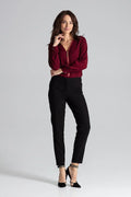 chemisier Lenitif bourgogne satiné manches longues ajustée col V fermeture éclair dorée poignets boutonnés élégant polyester viscose lycra