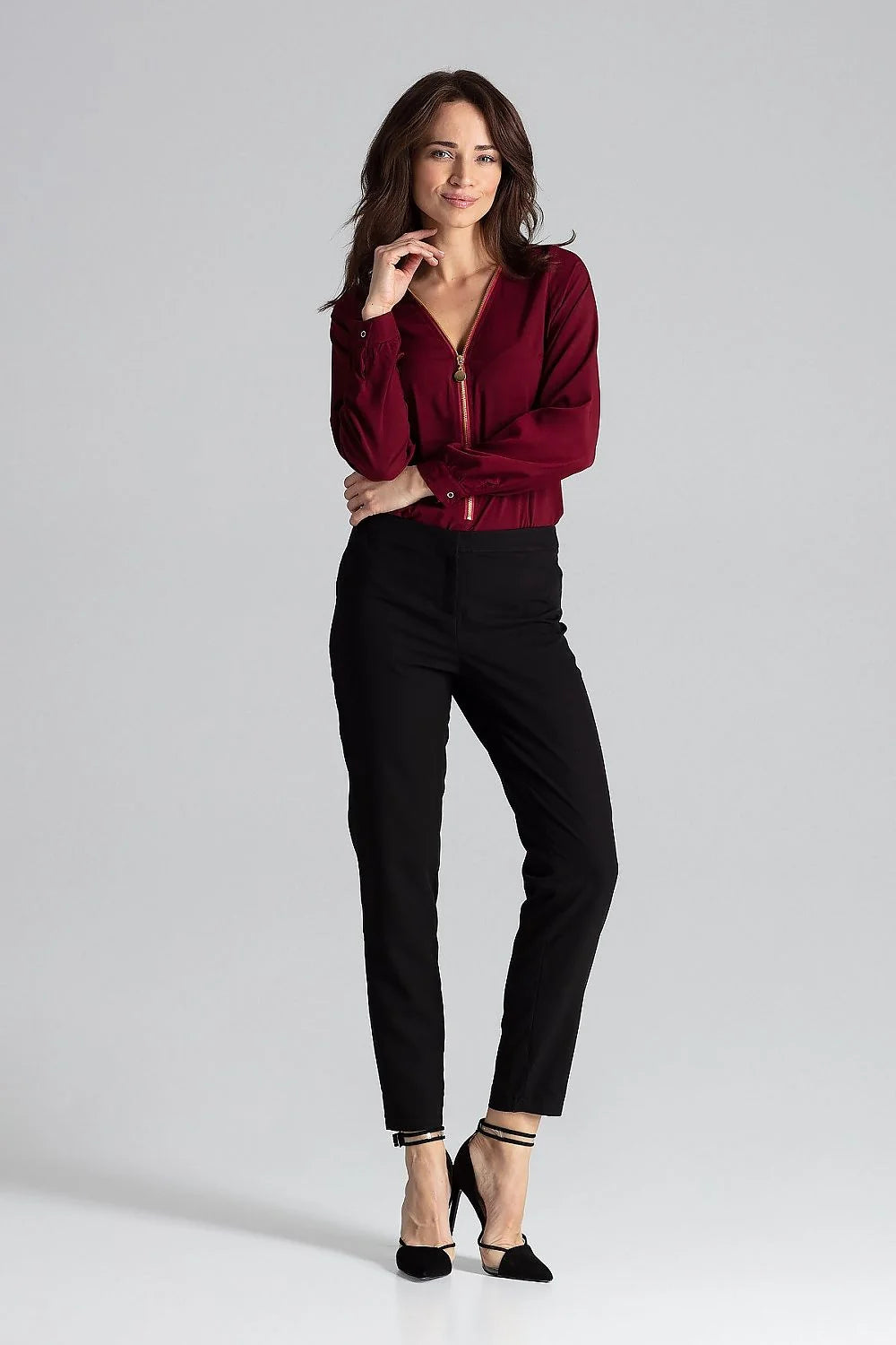 chemisier Lenitif bourgogne satiné manches longues ajustée col V fermeture éclair dorée poignets boutonnés élégant polyester viscose lycra