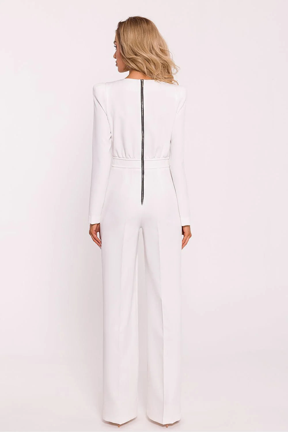 Combinaison élégante pour femme matière douce couleur blanche style minimaliste manches longues jambes larges coupe structurée occasion formelle
