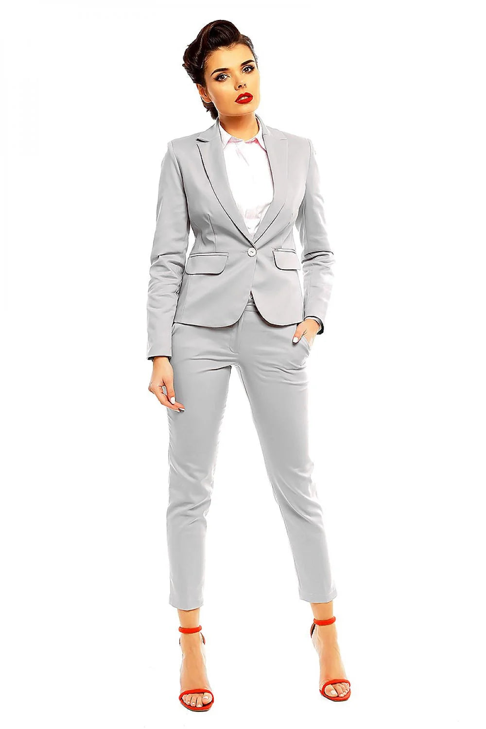 Blazer femme Cabba tailleur moderne élégant gris clair taille ajustée veste cintrée pantalon slim occasion professionnelle