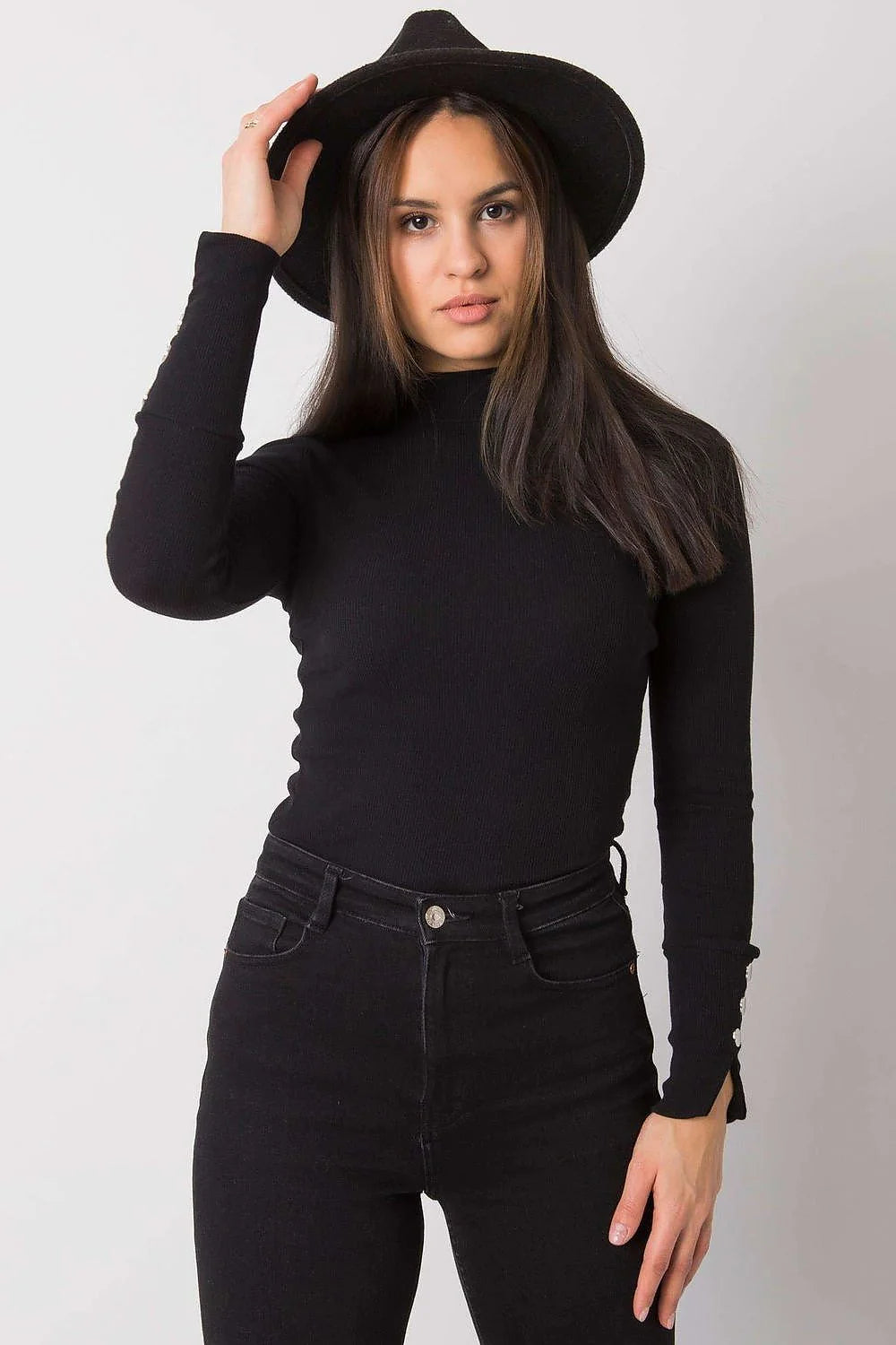 Haut ajusté à manches longues en coton élasthanne noir boutons argentés style casual chic pour femmes