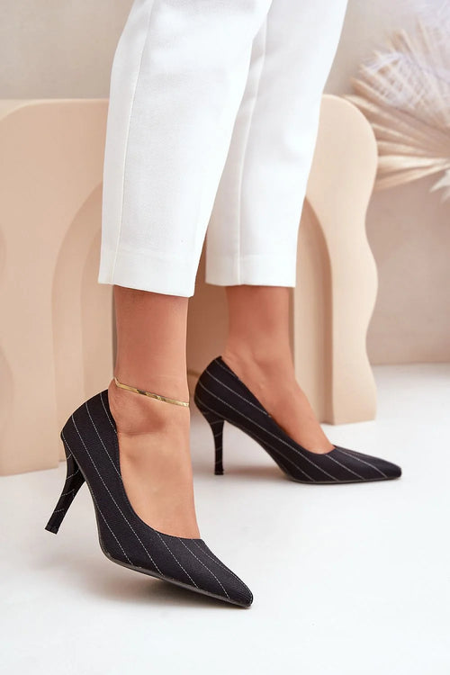 Escarpins féminins élégants talons hauts motif rayures blanches tissu haute qualité ceinture dorée noire occasion spéciale