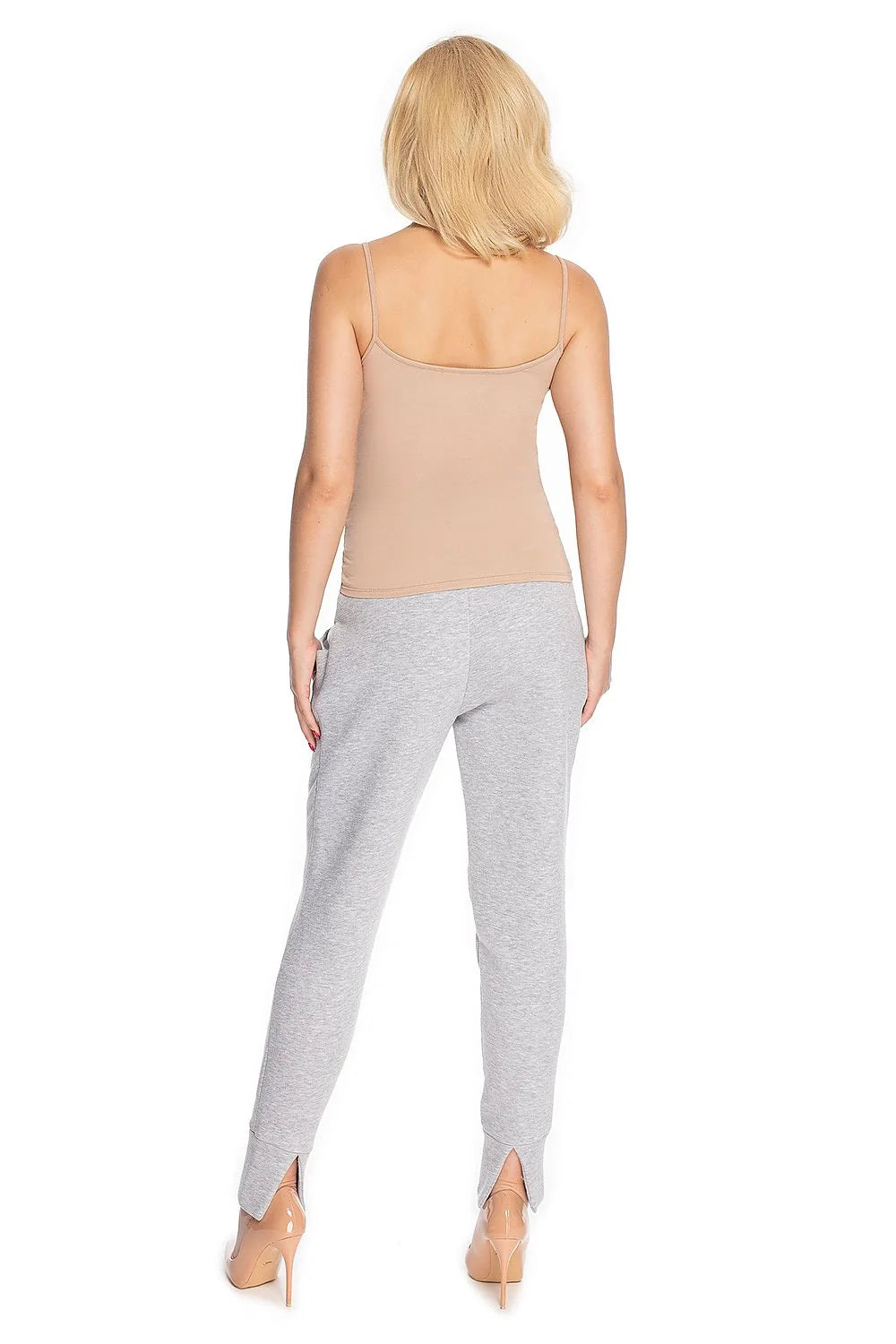 pantalon maternité confortable ceinture élastique bande ventrale haute extensible coupe fuselée chevilles côtelées coton stretch molletonné gris anthracite poches italiennes