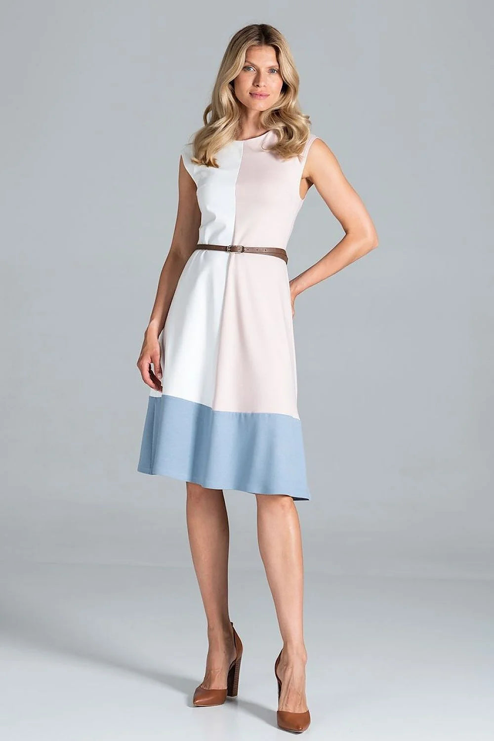 Robe élégante en coton polyester tricolore sans manches casual chic femme mi-longue été