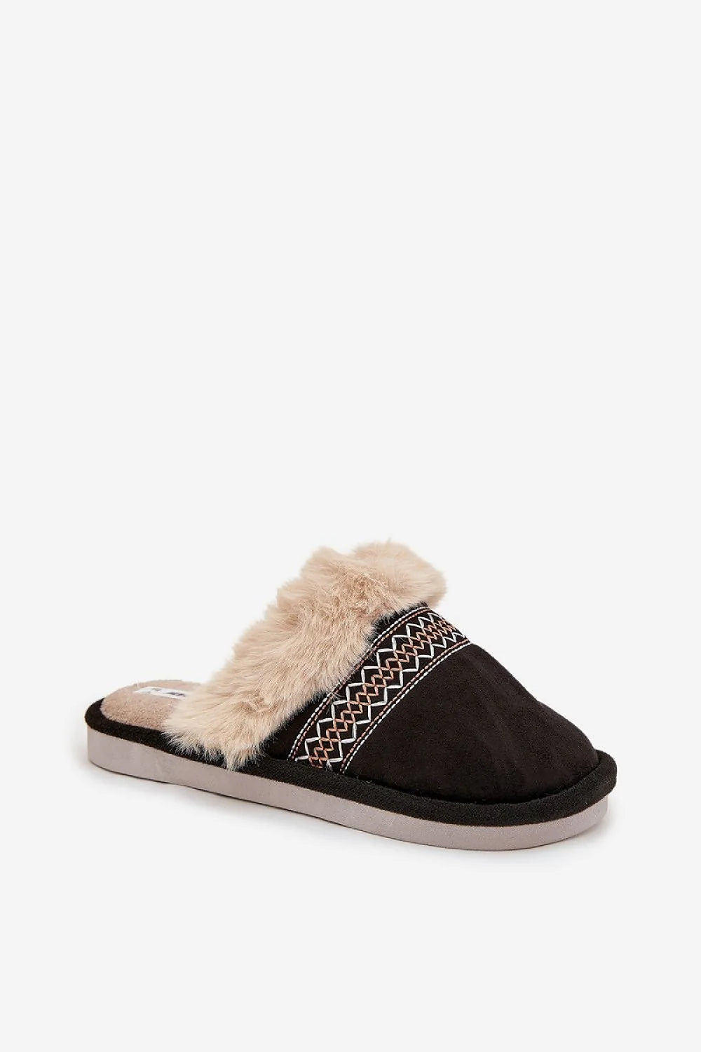 pantoufles mules femme suédine noire bout fermé col fausse fourrure beige doublure chaude semelle intérieure épaisse brodée ethnique
