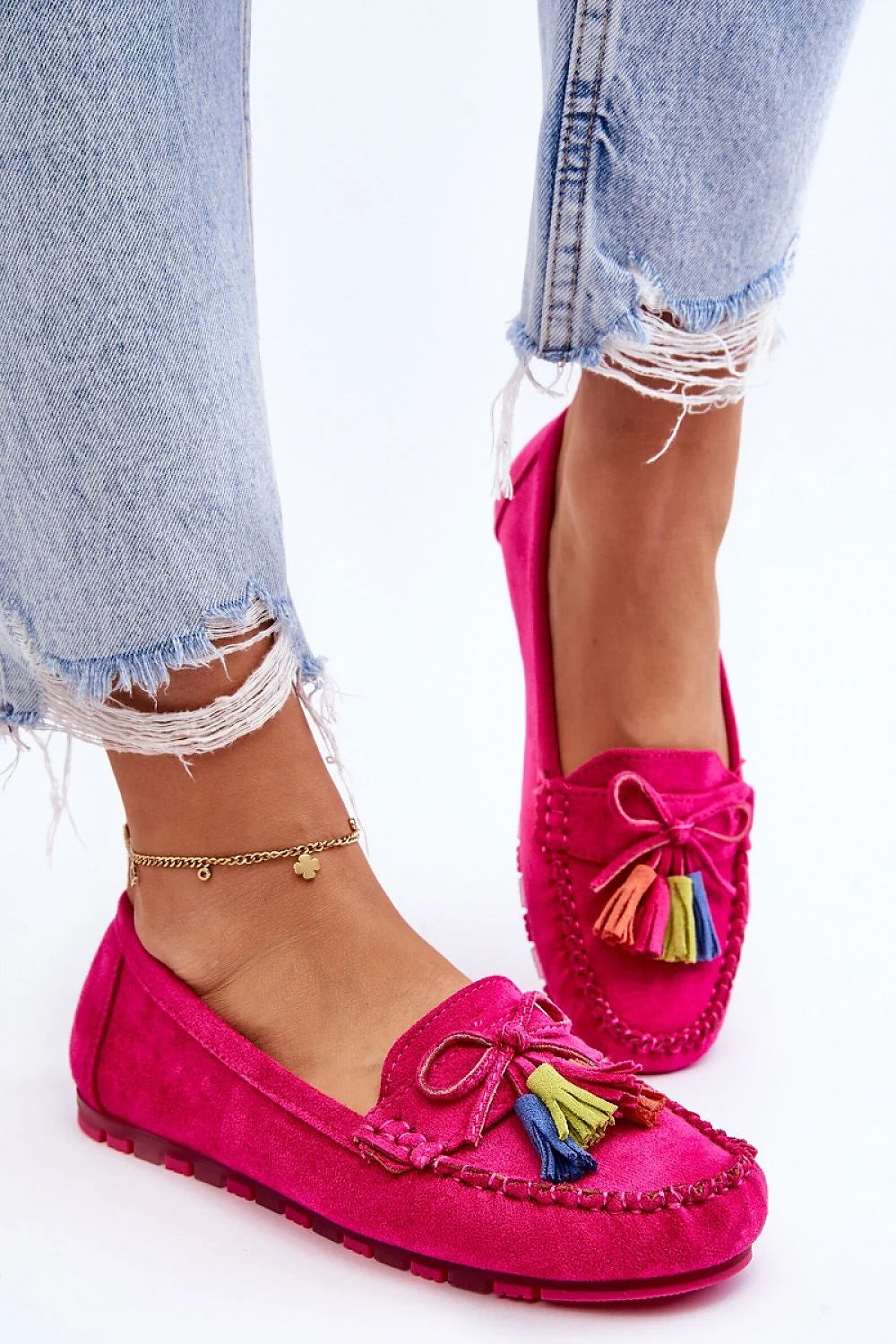 Mocassins femmes style classique couleur rose vif en daim éco-suede confortable avec plateforme 1 cm