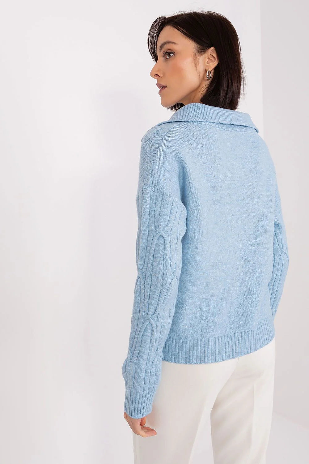 Pull pour femmes bleu ciel maille tricotée confort style coupe ample manches longues col plié élégant polyvalent