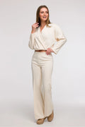 ensemble femme élégant décontracté crème doux stretch cachecoeur encolure V profond manches longues ample taille haute ceinture élastiquée jambes larges