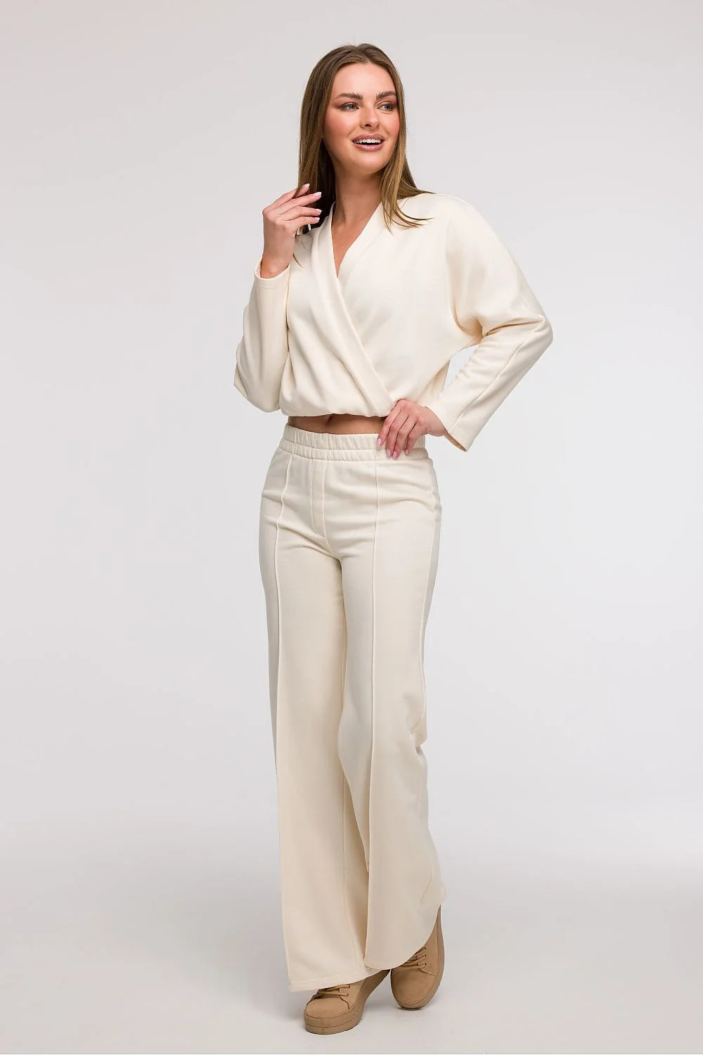 ensemble femme élégant décontracté crème doux stretch cachecoeur encolure V profond manches longues ample taille haute ceinture élastiquée jambes larges