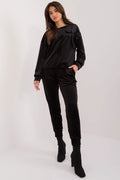 Ensemble Italy Moda pour femme en velours noir, haut col rond avec nœud, pantalon taille élastique coupe fuselée