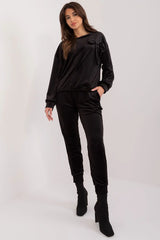 Ensemble Italy Moda pour femme en velours noir, haut col rond avec nœud, pantalon taille élastique coupe fuselée