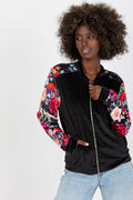 bomber velours noir manches fleuries floral multicolore satinée élasthanne viscose ajustée zippée côtelée poches casual chic