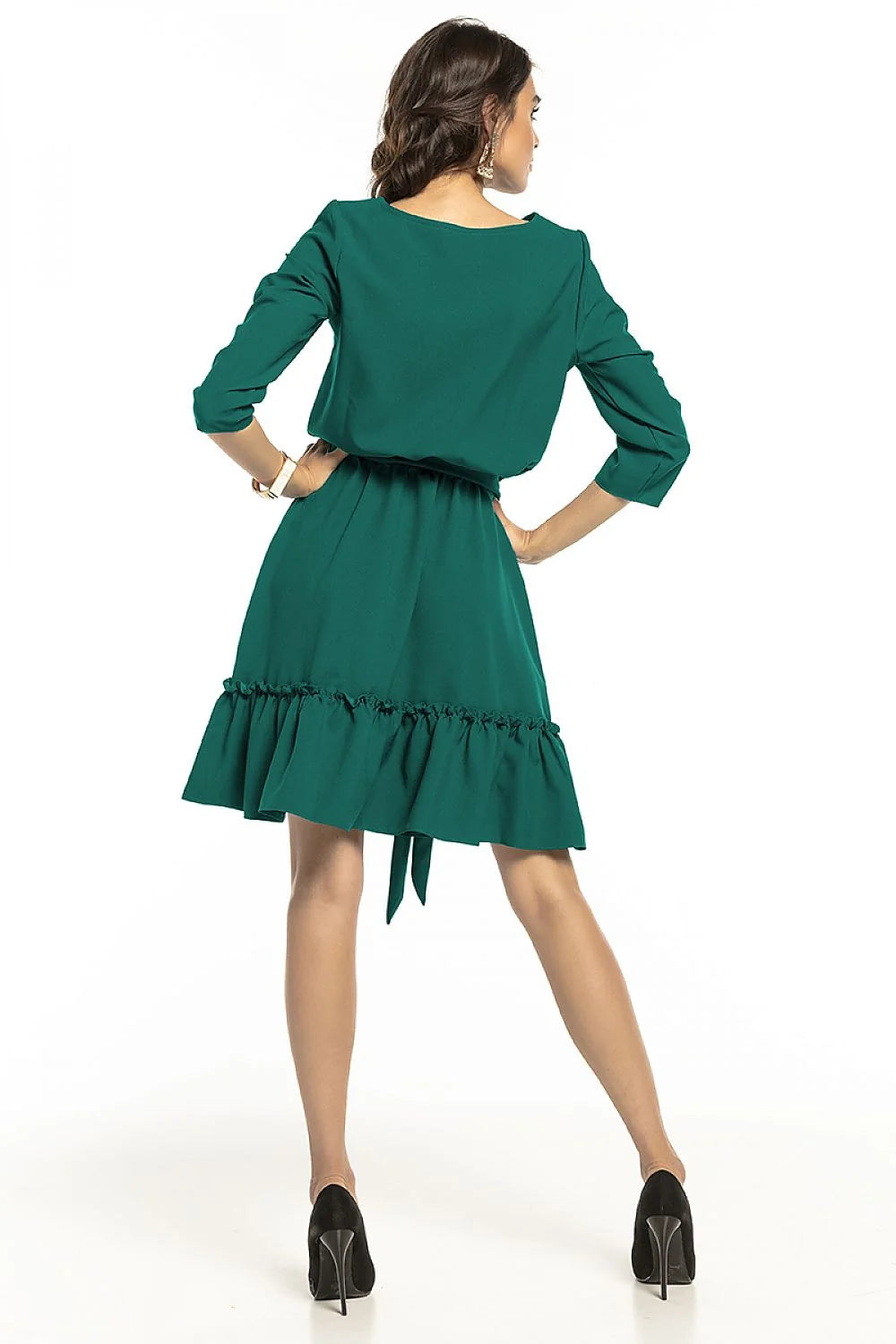 Robe trapèze élégante vert émeraude fluide manches 3/4 ceinture femmes occasions spéciales événements formels