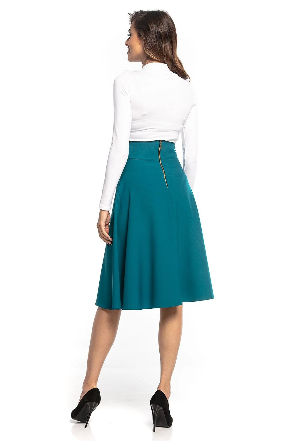 Jupe évasée polyester élégante bleu canard taille haute moderne silhouette flatteuse pour femmes mode actuelle