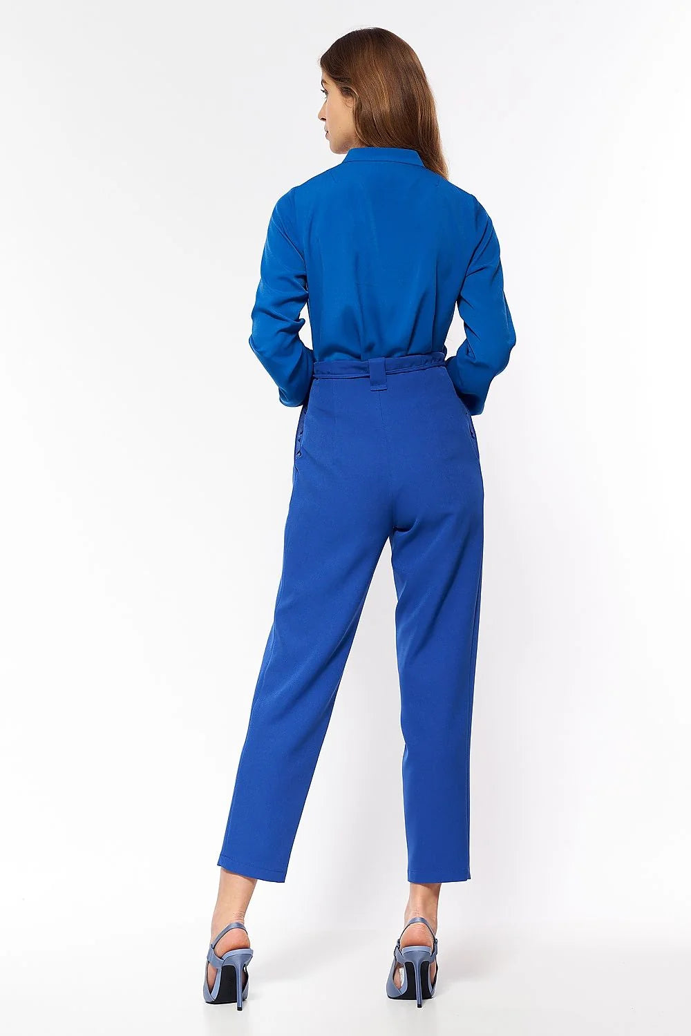Pantalon femme crêpe bleu vif élégant taille haute ceinture nouée chic pour soirée