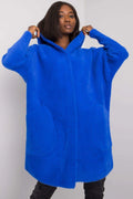 manteau femme long genoux oversize capuche bleu électrique maille duveteuse mohair coupe ample manches larges poches plaquées fermeture cachée chaud