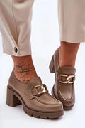Mocassins à talon épais taupe pour femmes, cuir naturel, style élégant, confortable, occasions professionnelles, soirée, mode moderne