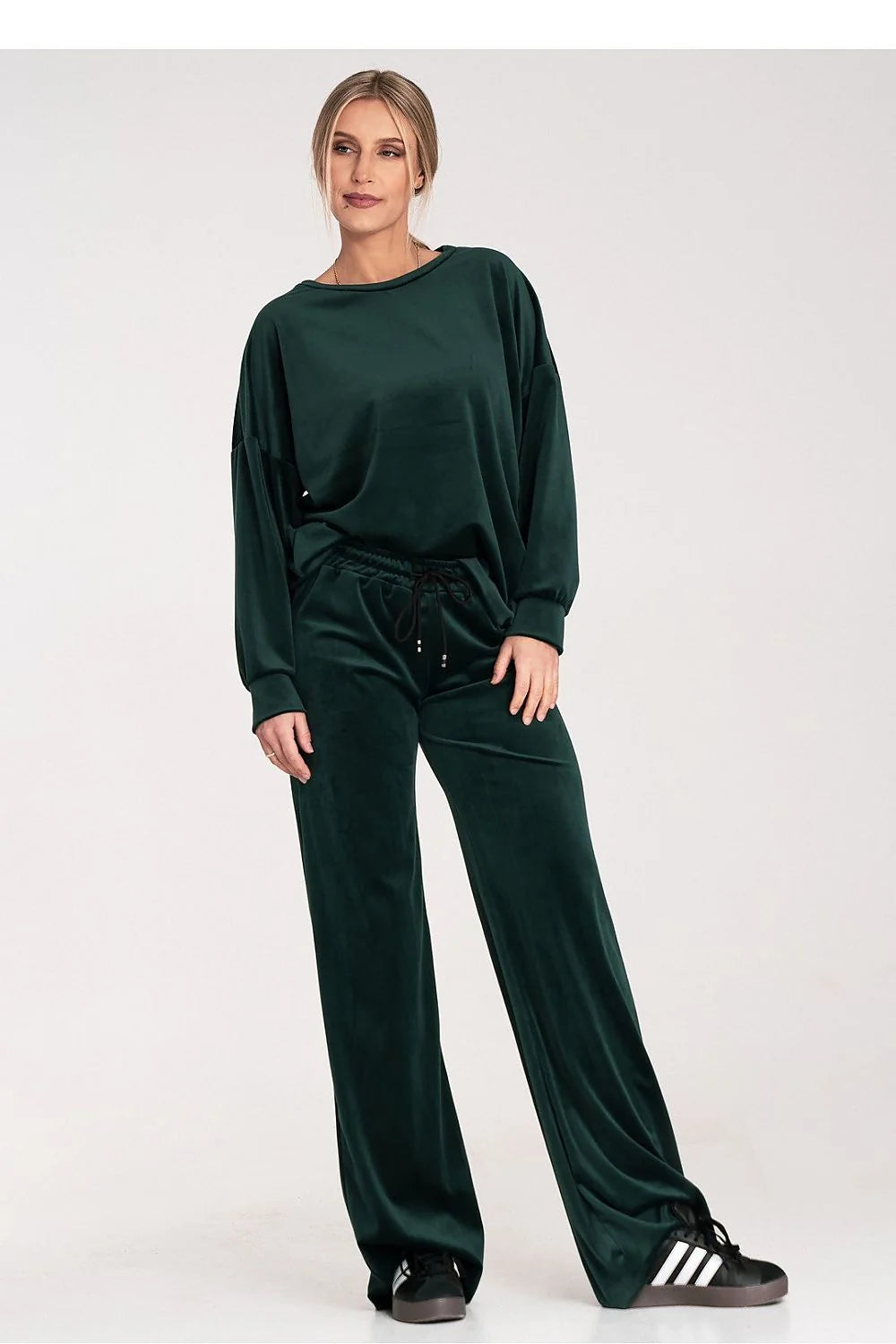 ensemble loungewear femme deux pièces sweat oversize col rond manches longues pantalon large taille élastiquée cordon velours vert