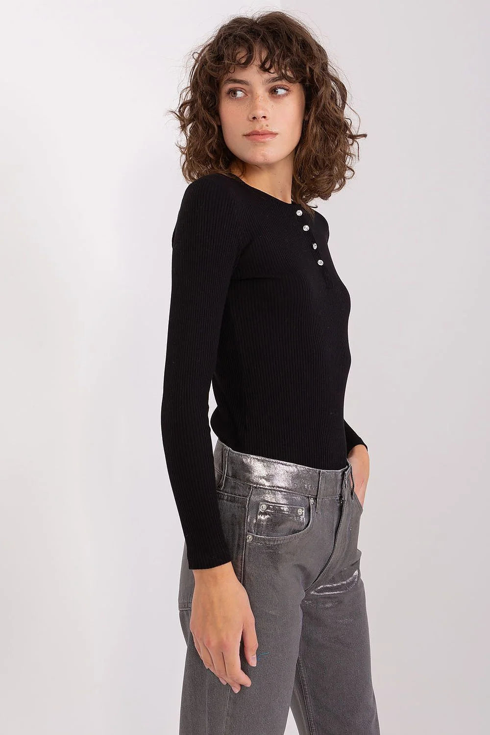 Chemisier BFG rayonne longues manches encolure ronde ajustée coton zircons élégance professionnelle noir femmes
