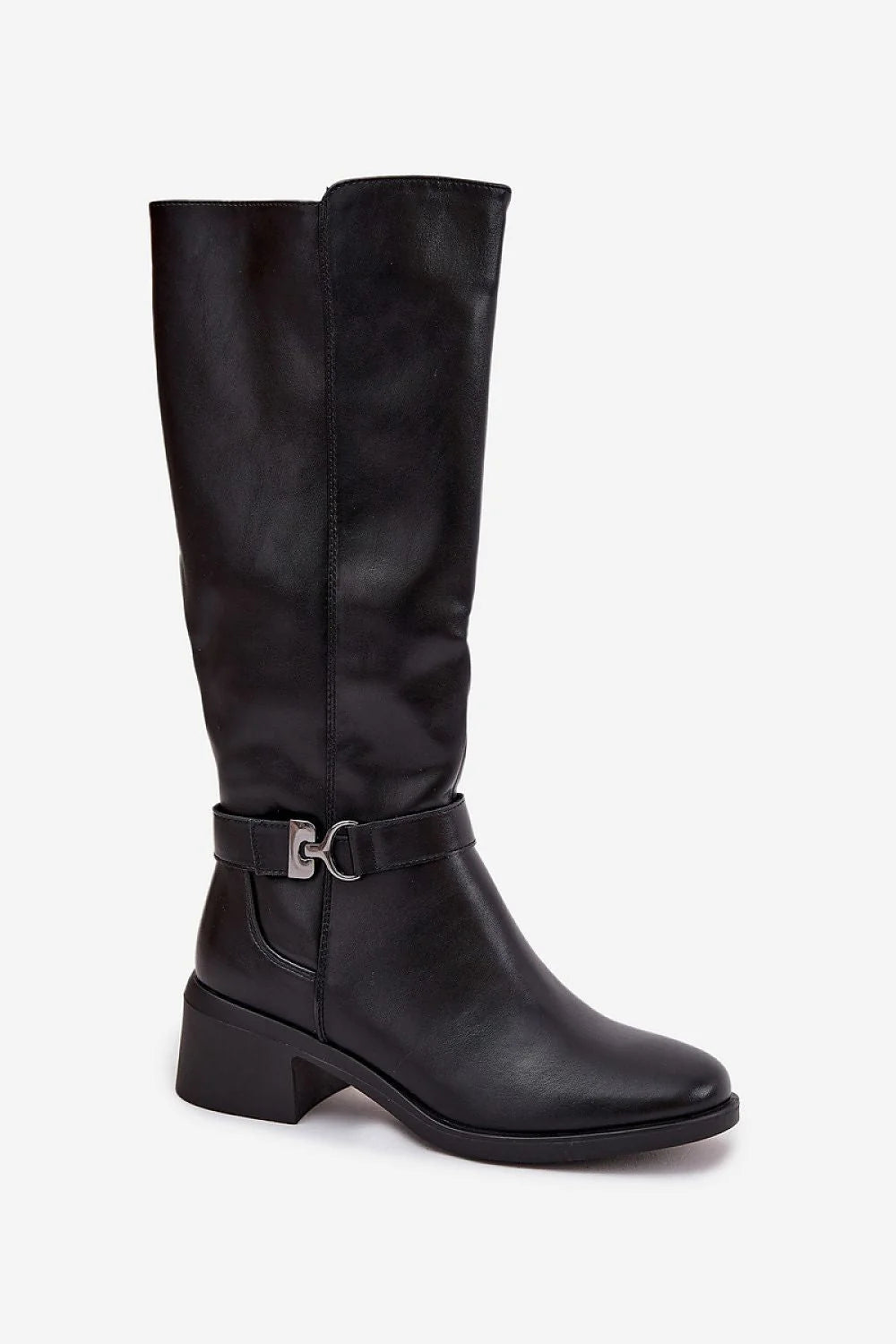 bottes femme genou simili cuir noir bout rond talon bloc bas talon6cm tige36cm doublure douce chaude fermeturezippée bride décorative bouclemétallique