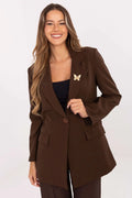 blazer femme longline marron chocolat col cranté coupe droite oversized fermeture bouton poche rabat manches longues tissu lisse silhouette structurée