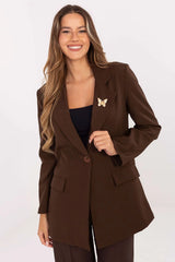 blazer femme longline marron chocolat col cranté coupe droite oversized fermeture bouton poche rabat manches longues tissu lisse silhouette structurée