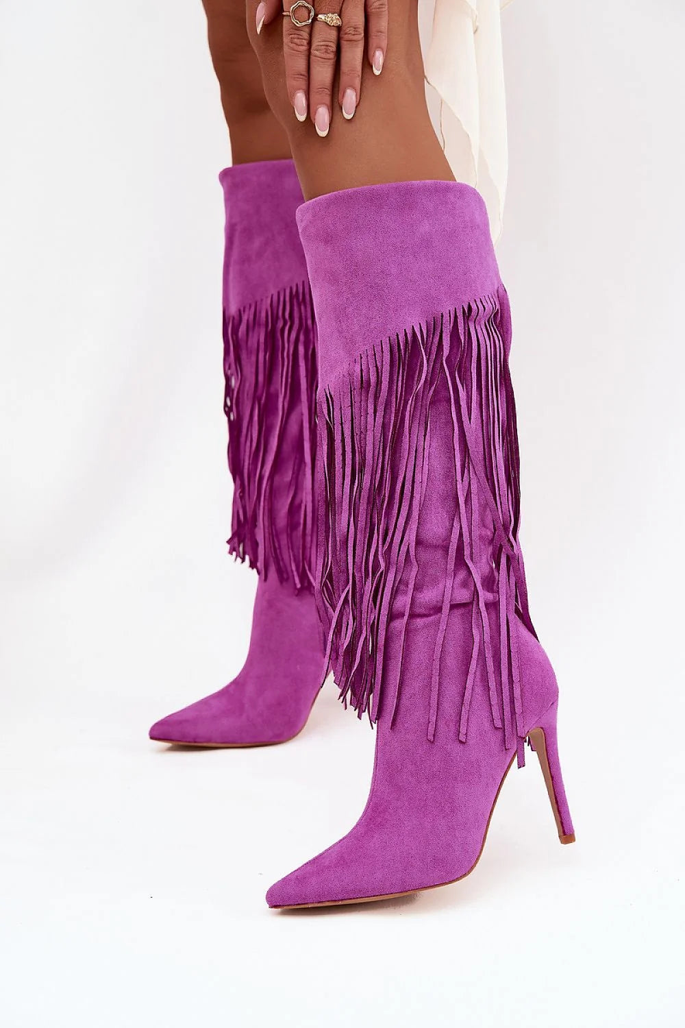 bottes hautes femme suédine écologique violet fuchsia franges longues bout pointu talon aiguille fin bohème chic
