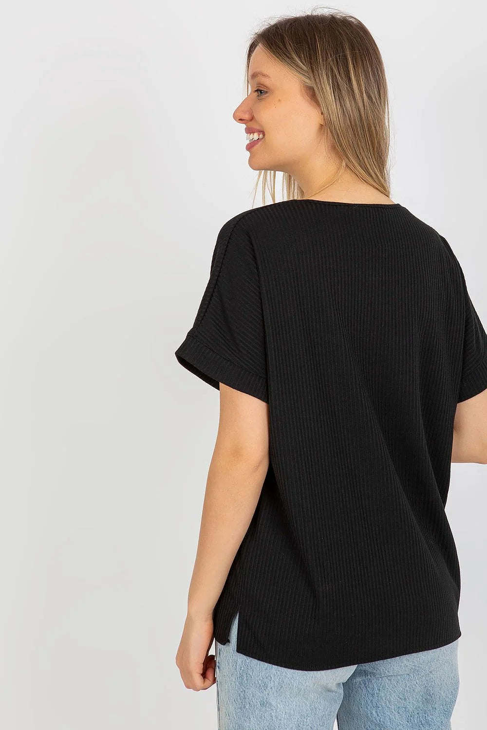 Chemisier Lakerta noir ample manches courtes encolure ronde tissu côtelé coton élasthanne confort polyvalent femmes