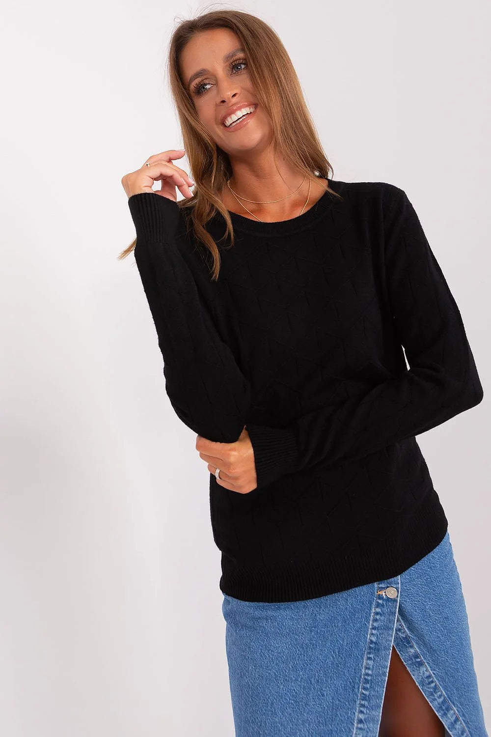 Pull et jupe asymétrique en coton et denim, manches longues, coupe ajustée, fente avant, femmes élégance casual