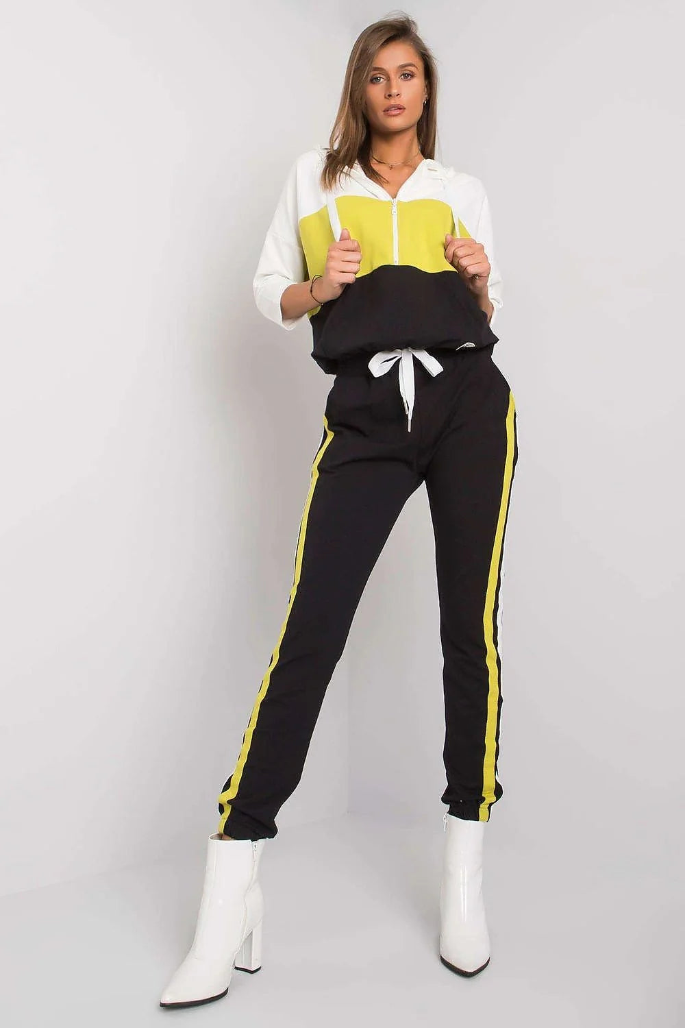 Ensemble survêtement coton élasthanne gris foncé blanc moderne décontracté sweat-shirt manches longues pantalon jogging zip col montant confortable
