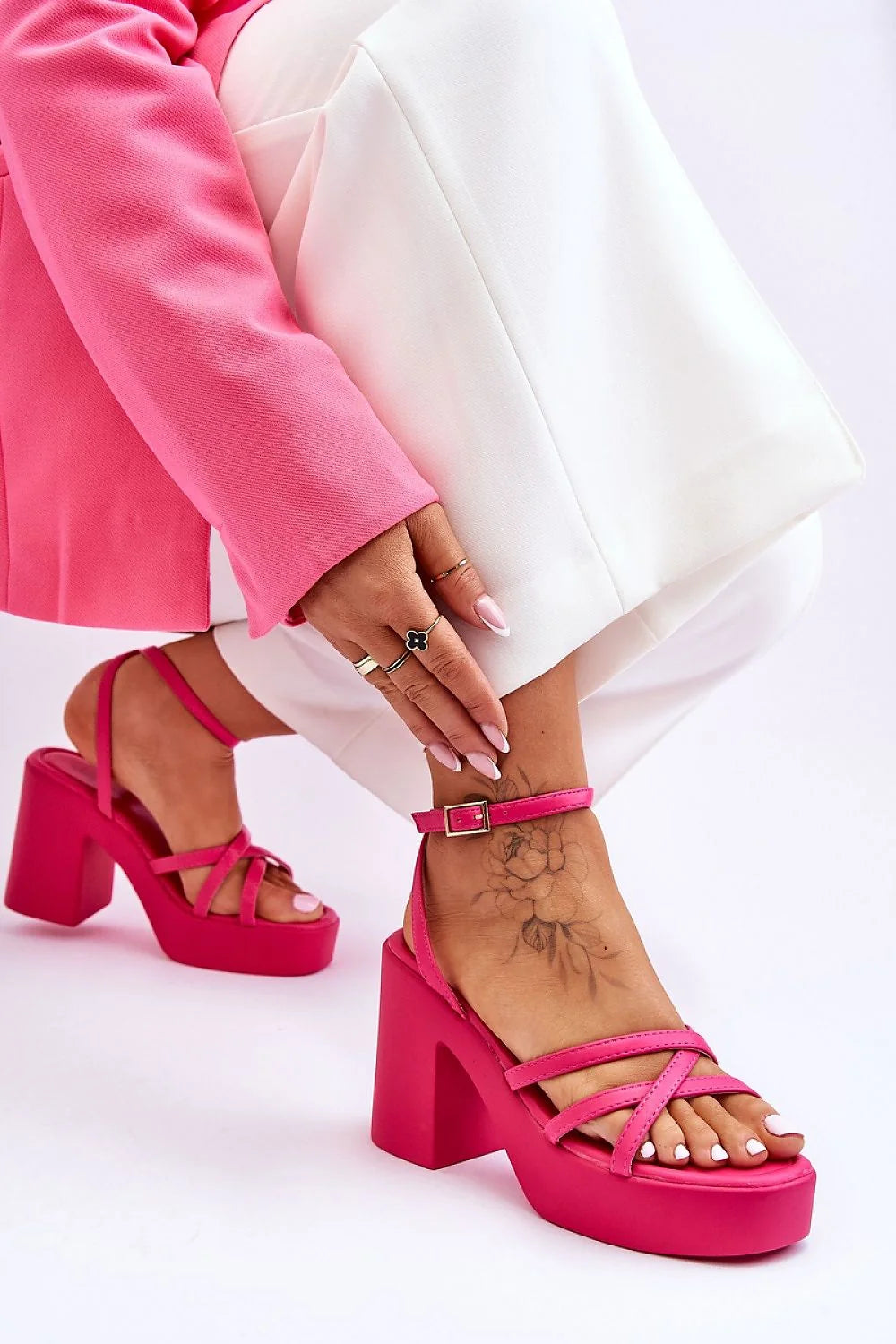 Sandales à talons Step in style cuir artificiel fuchsia talon carré plateforme épaisse bride cheville ajustable pour femmes