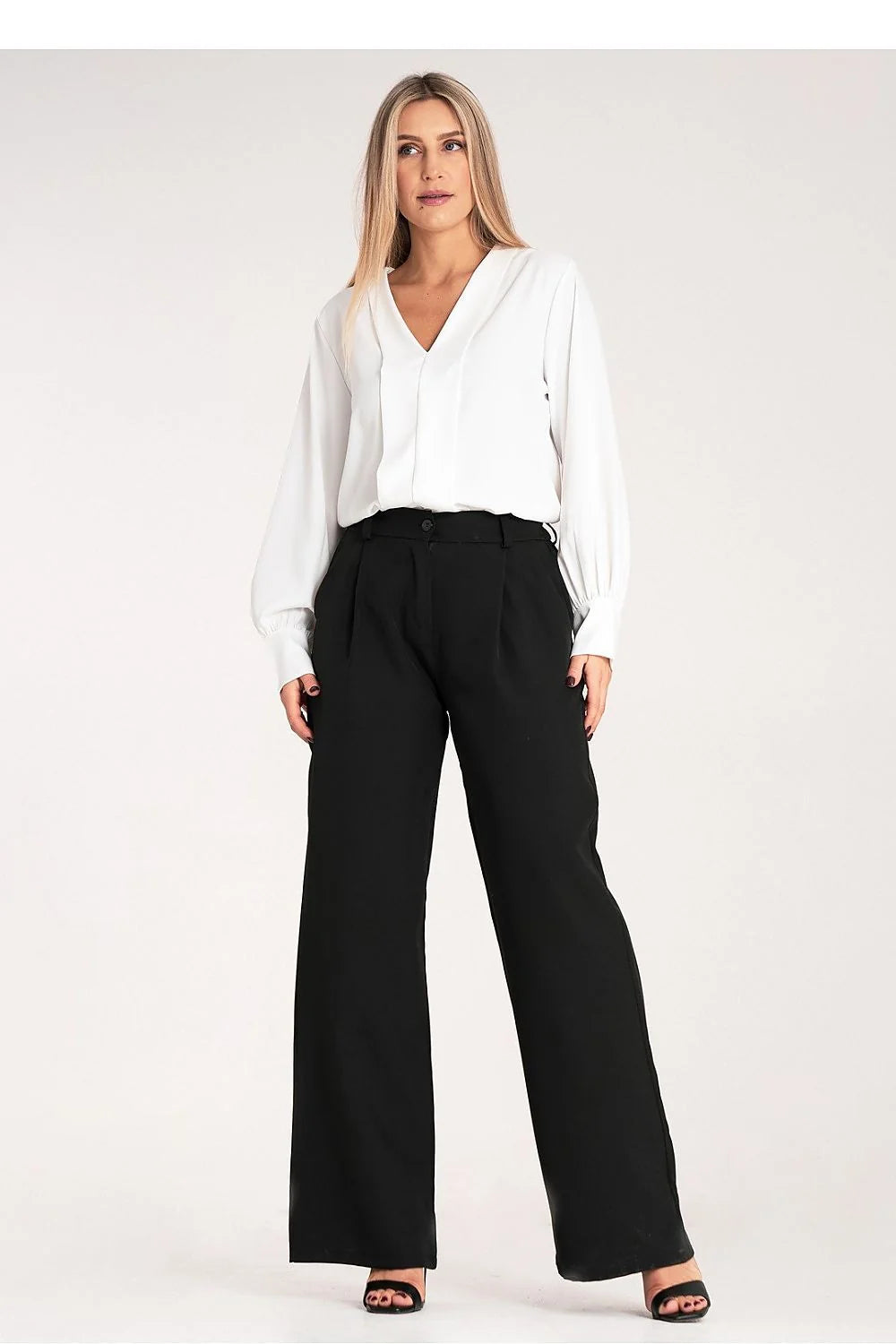 Pantalon femme Figl élégant à taille haute couleur noire coupe ample et droite élastique à l'arrière poches pratiques passants de ceinture en élasthanne 4 polyester 96 Taille S/M