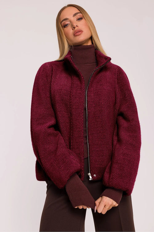 veste femme zippée tricot doux poil court bordeaux coupe boxy col montant manches ballon raglan poches latérales doublure