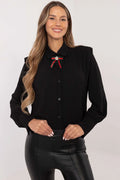Chemise femme élégante manches longues tissu coton polyester noir style moderne col chemise boutons nœud ruban floral vert rouge coupe droite ajustée silhouette féminine
