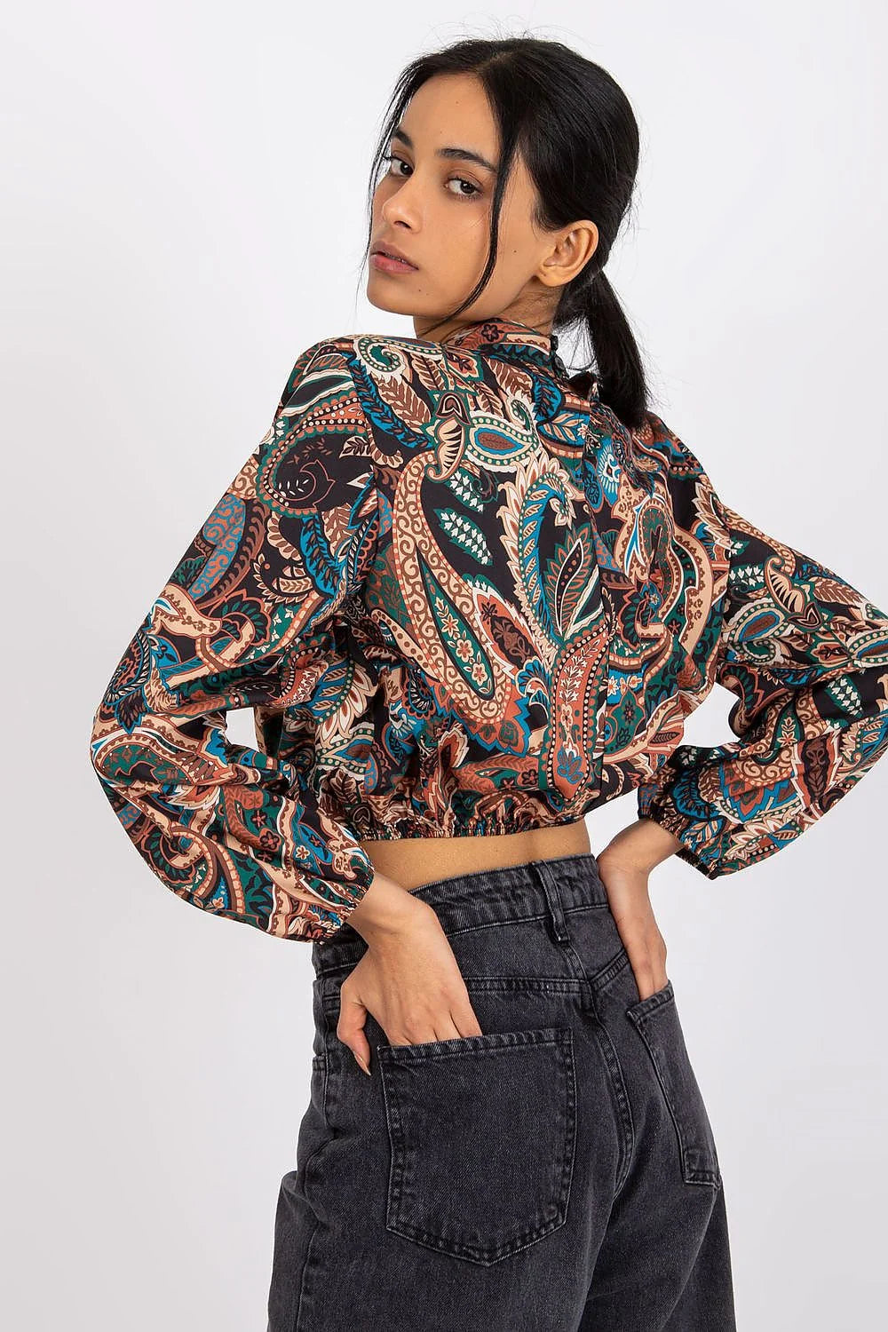 Chemisier féminin bohème multicolore manches longues col montant élasthanne polyester Italy Moda occasion quotidienne