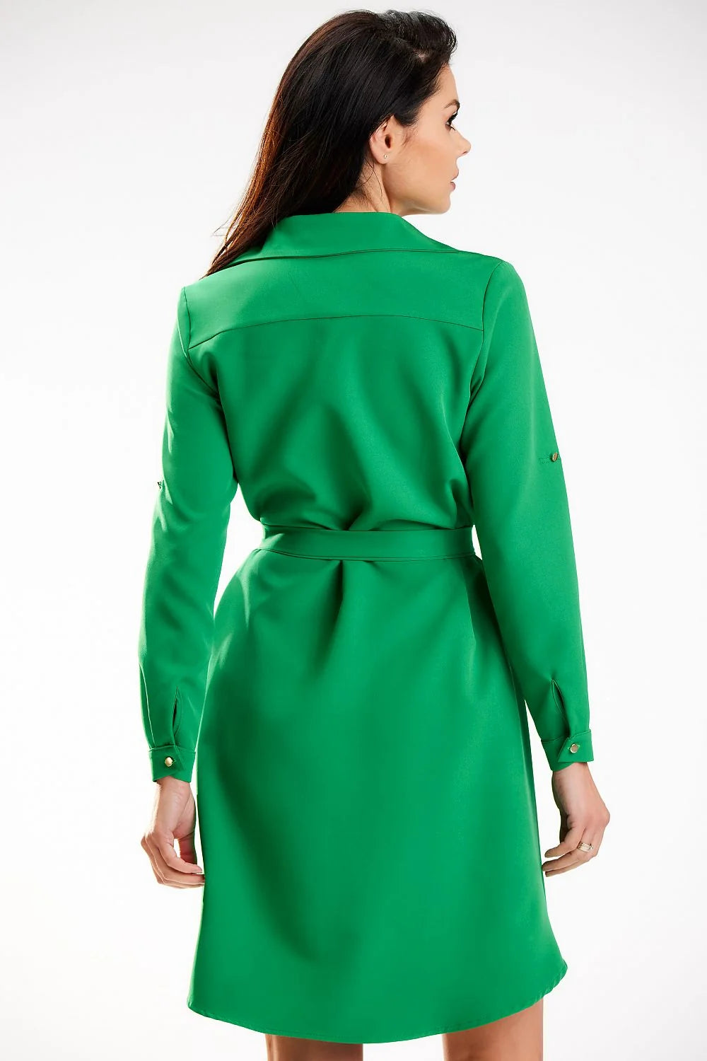 Robe-chemise femme élégante verte manches longues ajustables ceinture intégrée coupe évasée elasthanne polyester Pologne