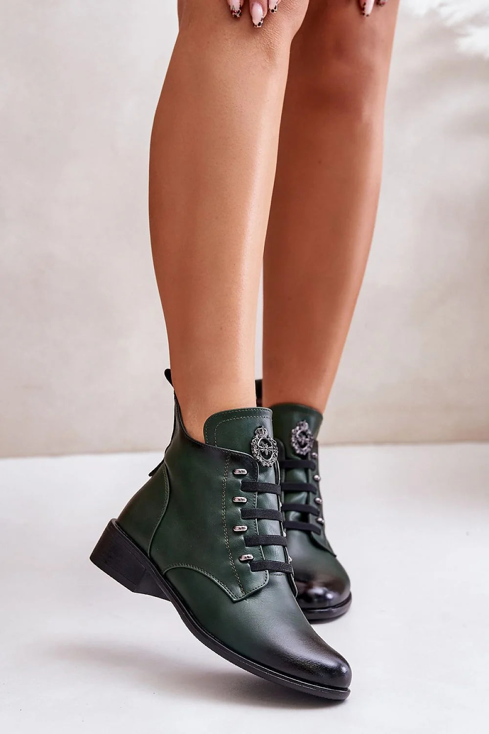 Bottines Jezzi basses style élégant cuir artificiel vert foncé fermeture éclair talon 4 cm femme confortable